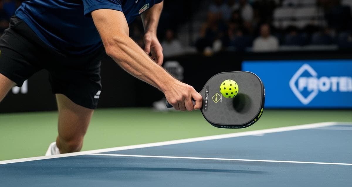 Close-up of pickleball player executing a dink shot at the kitchen line