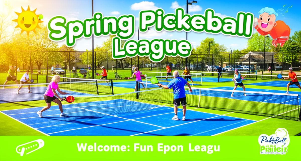 Spring pickleball league with multiple outdoor courts and players