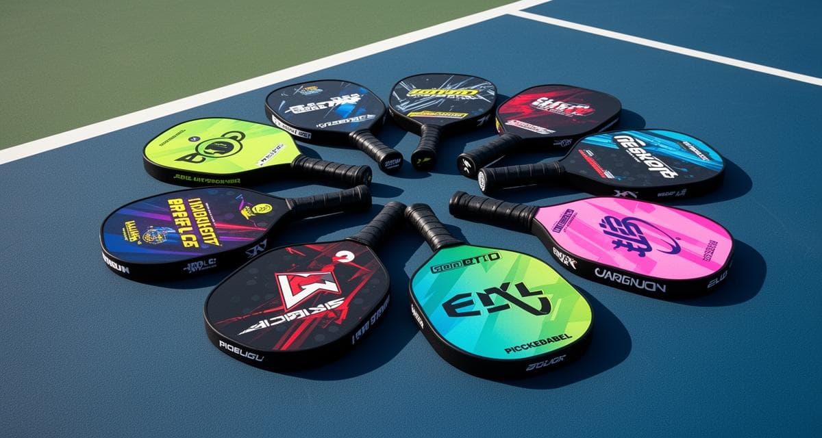 Collection of colorful pickleball paddles arranged on a court